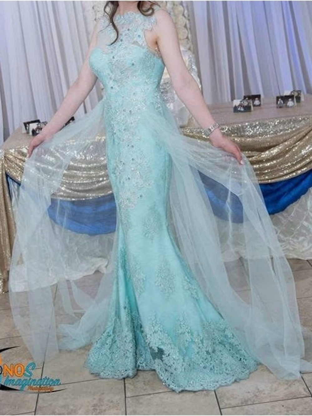 SET Active Mint Lace Mermaid Gown with Tulle Capelet